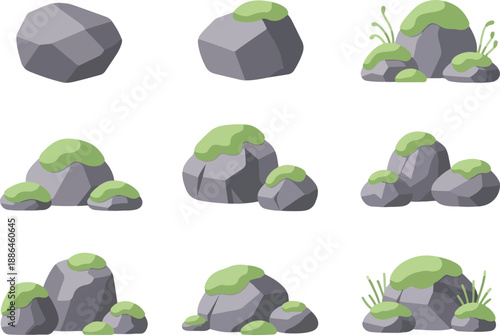 Vector set of stylized grey stones and boulders covered in green moss, natural rock formations for landscape and game asset creation