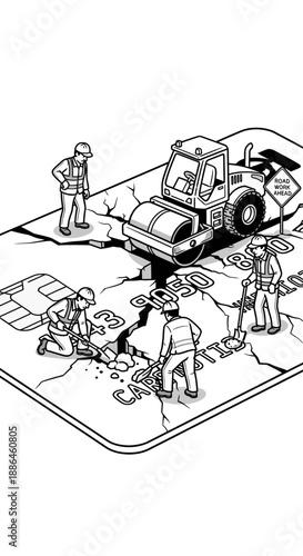 Construction workers repairing a damaged road with a steamroller.
