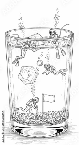 Scuba divers exploring underwater world inside a glass of water.