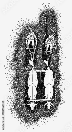 Two astronauts in space suits floating in zero gravity with tethers attached.