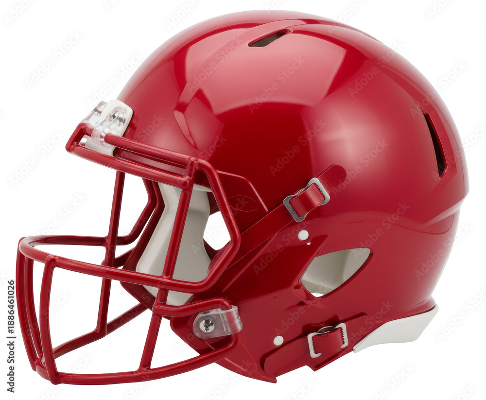 Fototapeta premium Red American football helmet isolated on white background, protective sports equipment designed for safety, competition and training, representing contact sport, teamwork,PNG File.