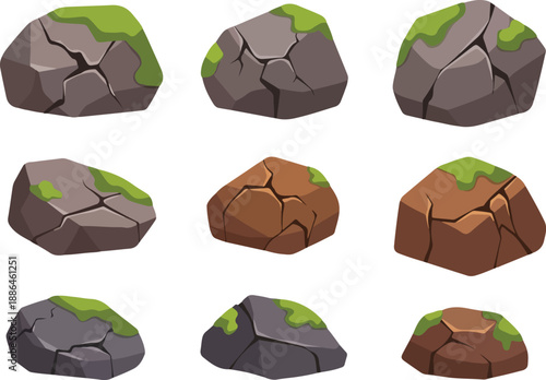 A collection of stylized cartoon boulders and rocks with moss, isolated vector graphic design elements for game development