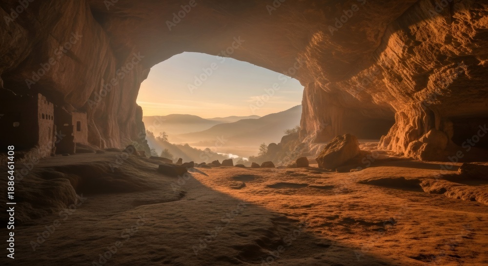 Fototapeta premium View from inside a large cave arch with ancient cliff dwelling structures at sunrise. Prehistoric settlement and early human dwelling concept.