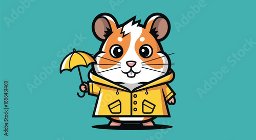 Cartoon hamster with umbrella and raincoat