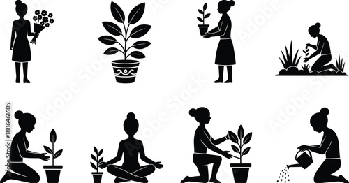 Gardening woman silhouettes set, female planting flowers and caring plants, home garden activities, eco friendly lifestyle, wellness, nature care illustration
