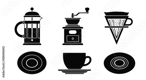 Coffee Brewing Equipment and Cup Icons Vector Set