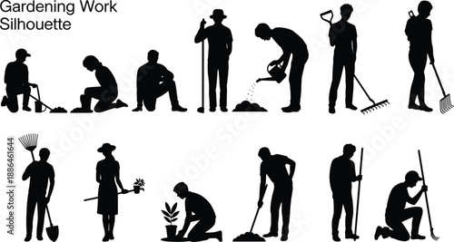 Gardening work silhouette set vector illustration, people planting, watering, digging soil with tools, garden maintenance activity, agriculture and landscaping concept