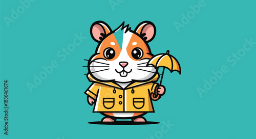 Cartoon hamster with umbrella and raincoat