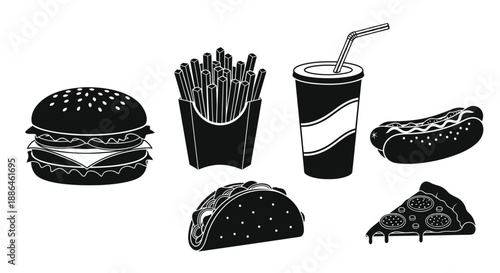 Fast Food and Junk Food Meal Icons Vector Silhouette Set