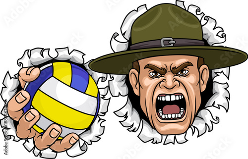 An angry drill instructor or sergeant bootcamp army soldier cartoon character holding volleyball ball sports team mascot illustration.