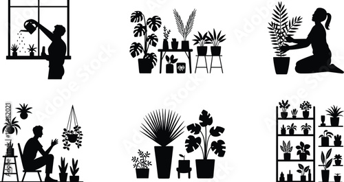 Indoor plant care silhouettes, people watering houseplants, home gardening scenes, potted plants collection, urban jungle decor, sustainable lifestyle, black vector illustration set