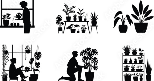 Indoor plant care silhouettes, people watering houseplants, home gardening, potted plants collection, urban jungle decor, sustainable lifestyle, black vector illustration set