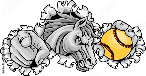 Horse mustang bronco stallion baseball softball angry sports team mascot holding a ball.