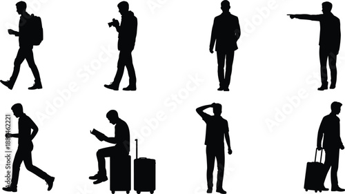Man silhouette set in various actions, walking pointing reading traveling with luggage, business casual lifestyle poses, black vector illustration