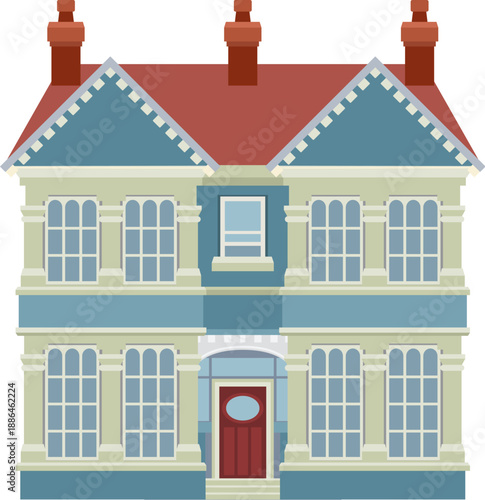 Victorian old English house building. Georgian mansion manor style homes. Vintage British architecture facade illustration.