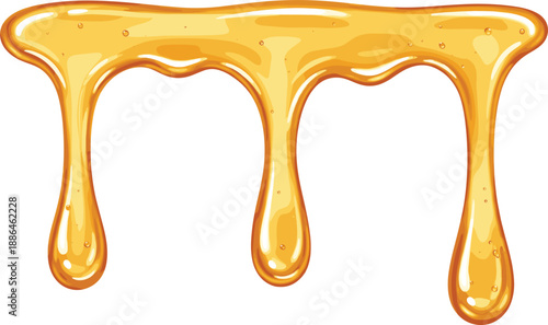 Delicious golden honey dripping or sweet syrup flowing down isolated on white background for food packaging, natural organic product branding, and dessert decoration.