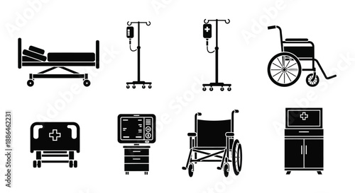 Hospital Medical Equipment and Furniture Icons Vector Set