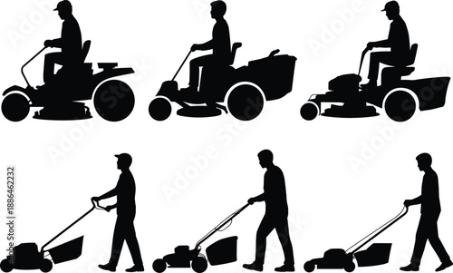 Lawn mowing workers silhouette set vector illustration, gardeners using ride on and push lawn mowers, grass cutting service, landscaping maintenance concept