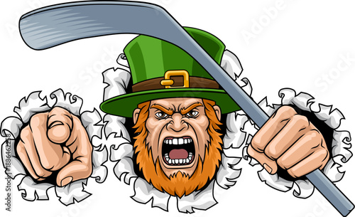 An angry Leprechaun Celtic Irish cartoon character holding hockey stick and pointing ice hockey sports team mascot illustration.