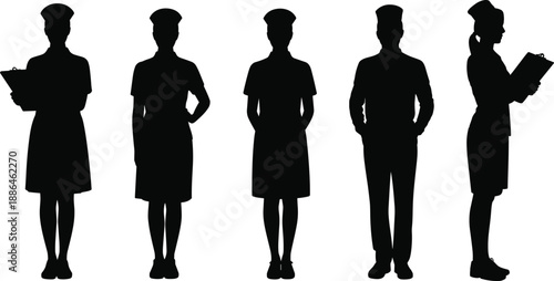 Medical staff silhouettes collection, nurses and healthcare professionals standing poses, hospital uniform figures, black ve