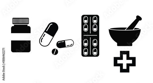 Pharmacy and Medical Medication Icons Vector Silhouette Set