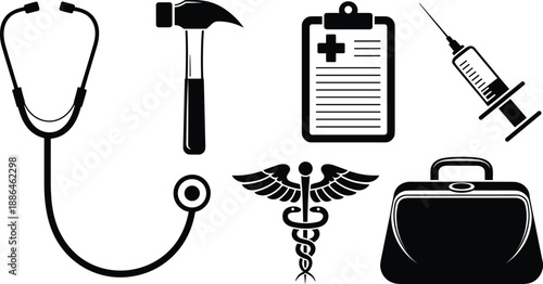 Medical tools and healthcare icons set, stethoscope syringe clipboard caduceus first aid bag, black silhouette vector illustration for hospital and clinic design