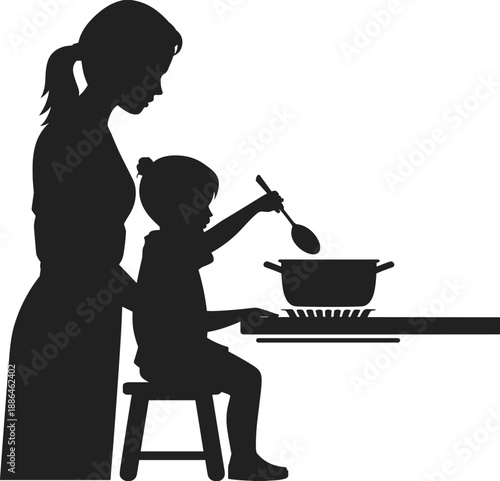 Mother and child cooking together silhouette, parent guiding kid stirring food on stove, family kitchen bonding moment, minimalist black vector illustration isolated on white background