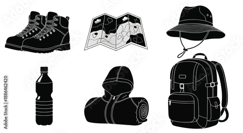 Hiking and Trekking Adventure Equipment Icons Vector Set