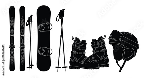 Winter Sports Ski and Snowboard Equipment Icons Vector Set