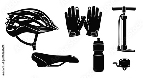 Cycling and Bicycle Accessories Icons Vector Silhouette Set