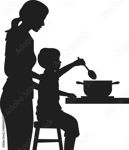 Mother and child cooking together silhouette, parent teaching kid stirring food in pot, family kitchen bonding scene, minimalist black vector illustration isolated on white background