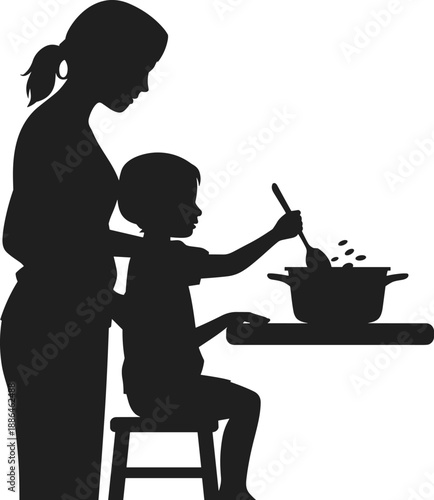 Mother and child cooking together silhouette, parent teaching kid stirring food, family kitchen bonding moment, minimalist black vector illustration isolated on white background