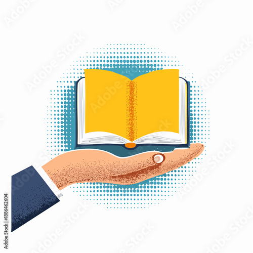 Hand holding open book halftone art collage cut out element. Paper clipping shape with vintage dotted texture. Modern retro vector illustration