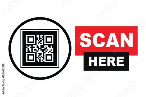 Minimalist QR code scan icon with bold "SCAN HERE" text in RED and black blocks. Clean vector sign for digital access, contactless menus, and mobile payments on a white background.