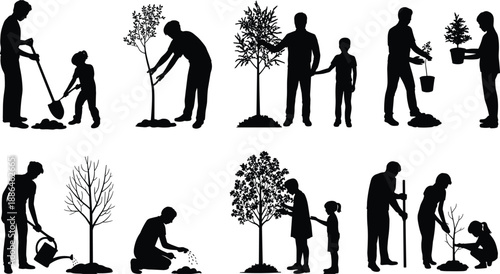 Parents and children planting trees together silhouettes, family gardening activity, eco friendly lifestyle concept, nature care, black vector illustration isolated on white