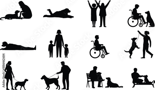People and dog silhouettes, disability support, wheelchair users, family bonding, pet care, walking and training activities, outdoor lifestyle moments, black vector illustration set