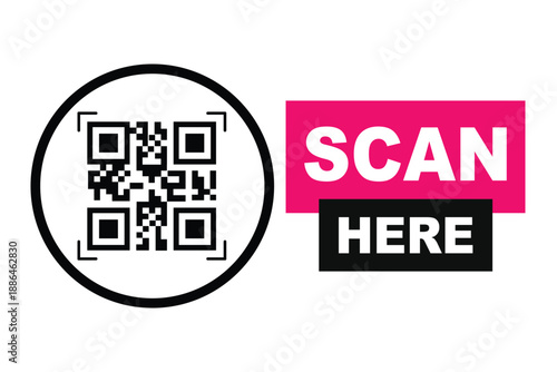 Minimalist QR code scan icon with bold "SCAN HERE" text in pink and black blocks. Clean vector sign for digital access, contactless menus, and mobile payments on a white background.