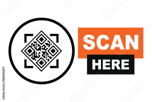 Minimalist QR code scan icon with bold "SCAN HERE" text in orange and black blocks. Clean vector sign for digital access, contactless menus, and mobile payments on a white background.