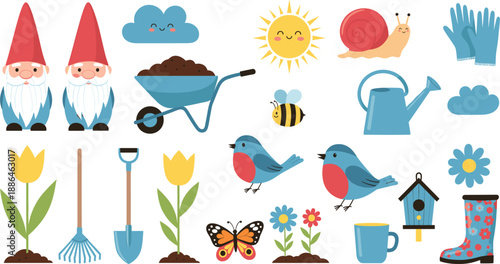 Cute gardening vector set featuring garden gnomes flowers birds butterfly wheelbarrow watering can tools sun and clouds in flat cartoon style illustration.