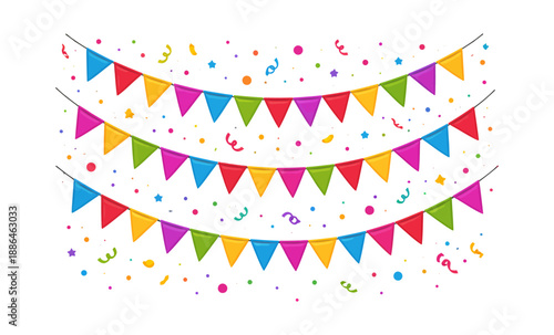 Colorful festive party garlands set featuring multiple pennants and falling confetti for celebrations and special events