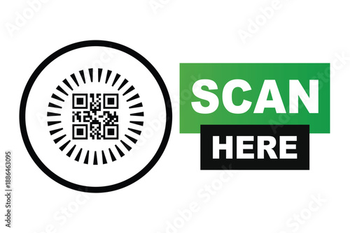 Minimalist QR code scan icon with bold "SCAN HERE" text in green and black blocks. Clean vector sign for digital access, contactless menus, and mobile payments on a white background.