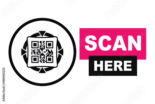 Minimalist QR code scan icon with bold "SCAN HERE" text in pink and black blocks. Clean vector sign for digital access, contactless menus, and mobile payments on a white background.