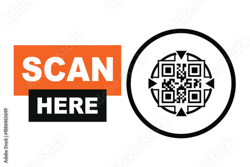 Minimalist QR code scan icon with bold "SCAN HERE" text in orange and black blocks. Clean vector sign for digital access, contactless menus, and mobile payments on a white background.