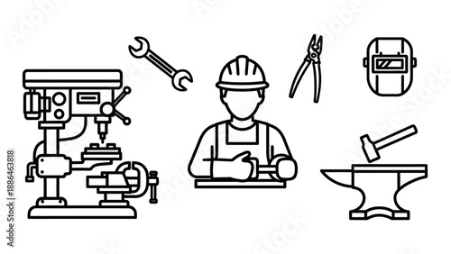 Industrial workshop tools and worker illustration.