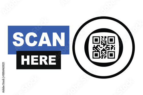 Minimalist QR code scan icon with bold "SCAN HERE" text in blue and black blocks. Clean vector sign for digital access, contactless menus, and mobile payments on a white background.