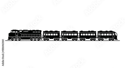 Black silhouette of a diesel locomotive pulling passenger train cars.