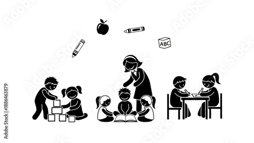 Teacher instructing children in a classroom setting with various activities.
