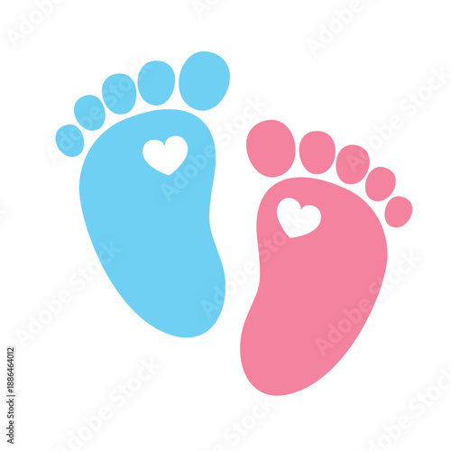 Baby footprint vector illustration in pink and blue colors featuring heart symbols
