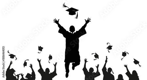Graduation caps thrown in the air by celebrating students silhouette.