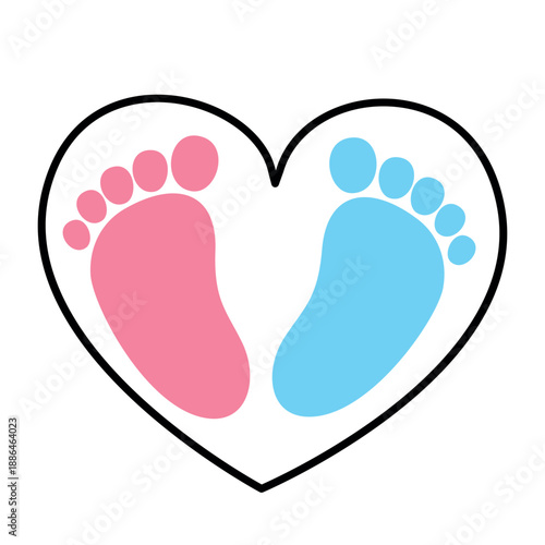 Baby footprint vector illustration in pink and blue colors featuring heart symbols